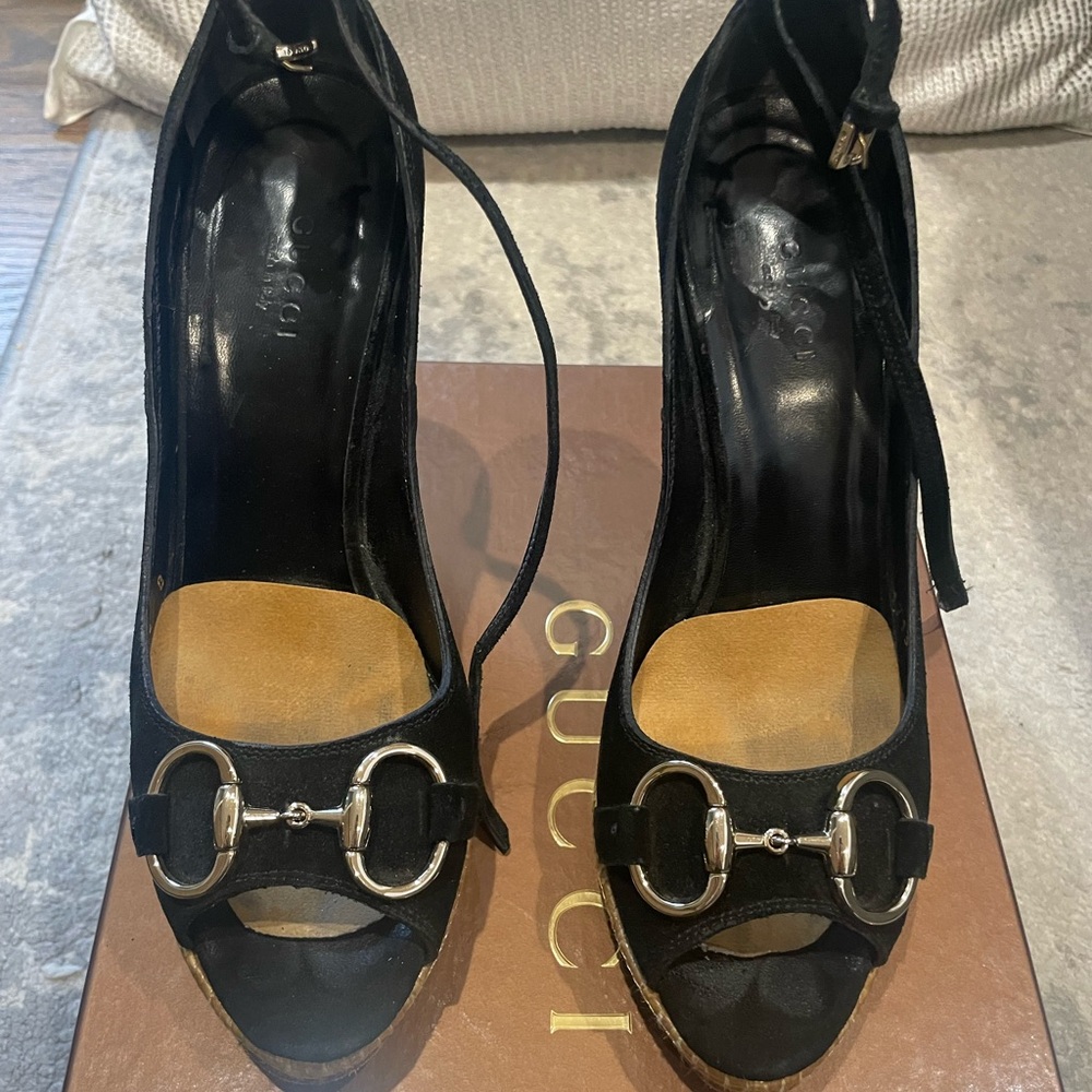 Gucci Black Peep-Toe Espadrille Wedge Heels